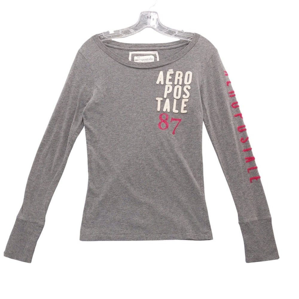 Aeropostale Y2K Long Sleeve Gray Top Applique Spell out Sz L
